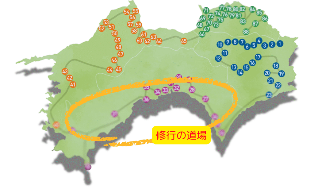 四国八十八か所の札所が記された四国の地図で高知だけを円で囲っている図