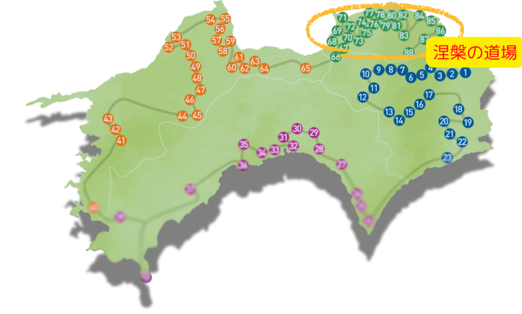 四国八十八か所の札所が記された四国の地図で香川だけを円で囲っている図