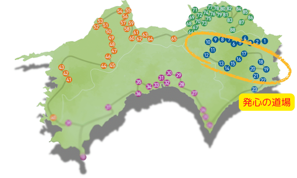 四国八十八か所の札所が記された四国の地図で徳島だけを円で囲っている図