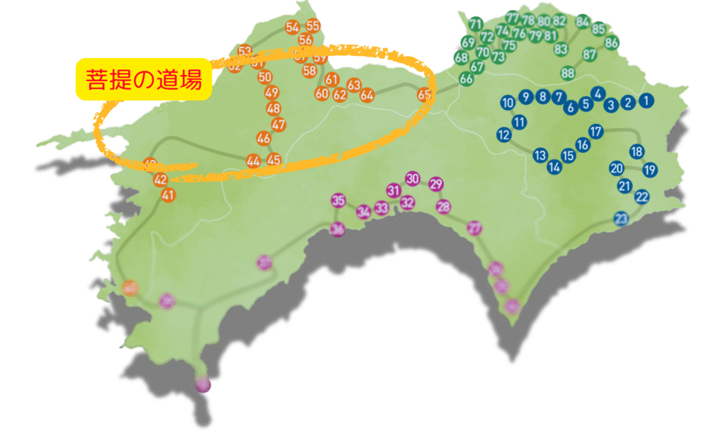 四国八十八か所の札所が記された四国の地図で愛媛だけを円で囲っている図