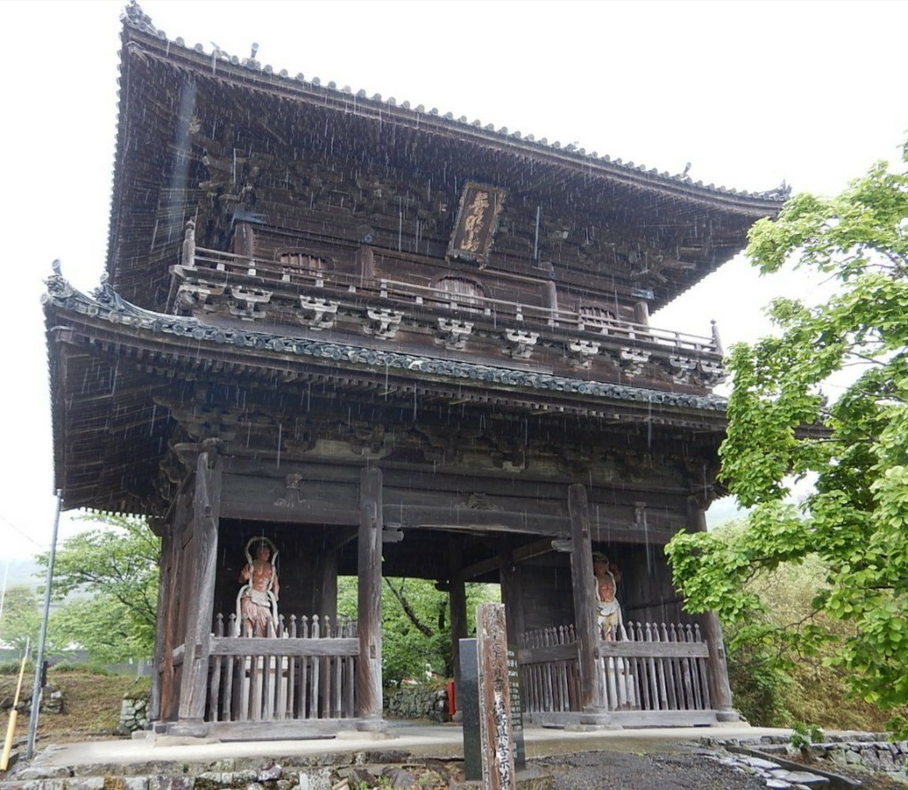 雨の中の山門の写真