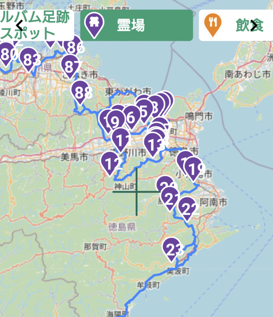 四国遍路の主に香川と徳島のあたりの札所を示した地図