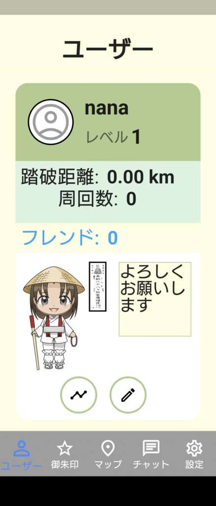 ohenroアプリの画面でお遍路の格好をした女の子のアニメ画