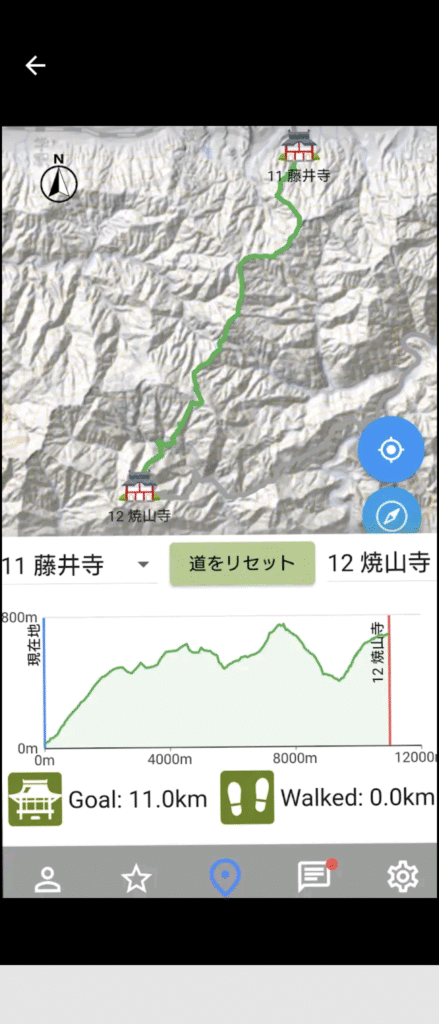 一目でわかる標高のグラフと歩いた軌跡のサンプル